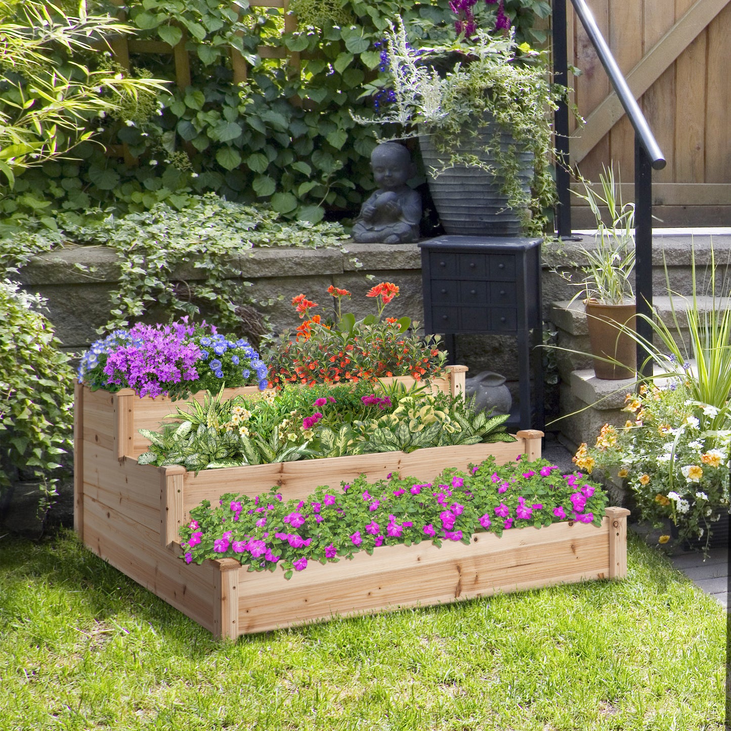 470L Raised Garden Bed, 3-Tier Planter Kit, Elevated Wooden Planters for Garden, Yard & Patio, Wooden Nature