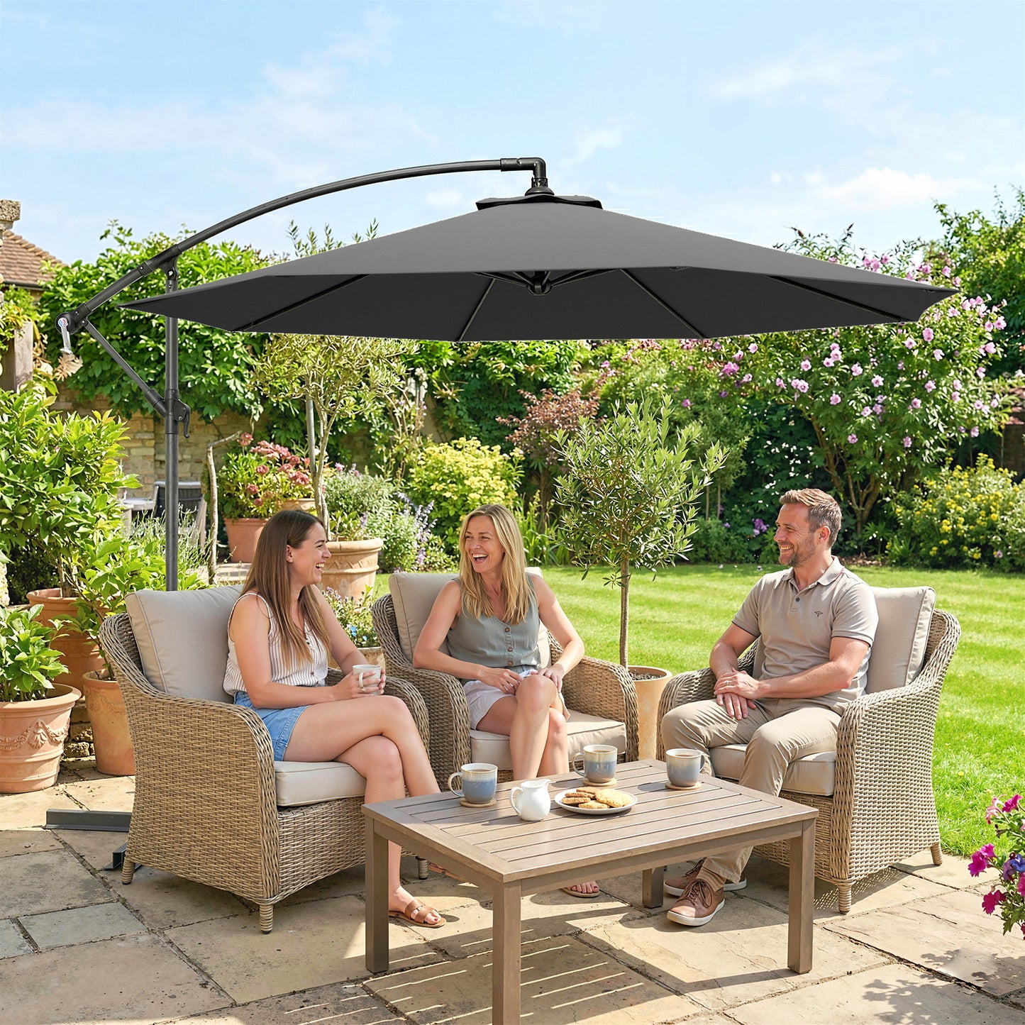 3m Overhanging Cantilever Parasol, with Cross Base - Grey