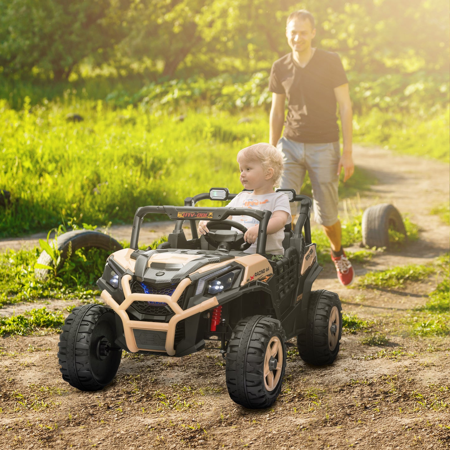 24V 2 Seater Kids Electric Car with Remote Control, Suspension System, Slow Start, 3 Speeds, for 3-8 Years, Khaki