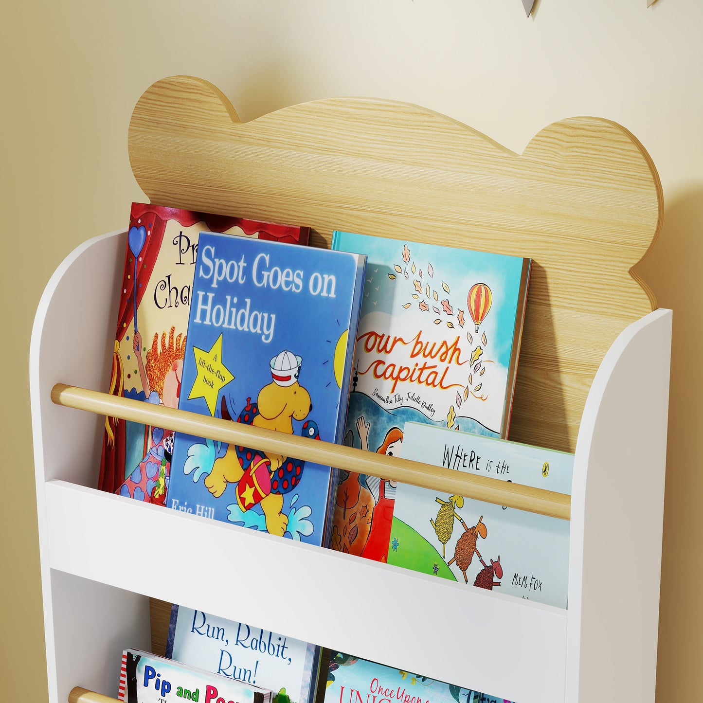 Kids Bookshelf, 3 Tier Children Bookcase, Bear Theme Toddler Space-Saving Bookcase for Living Room, White