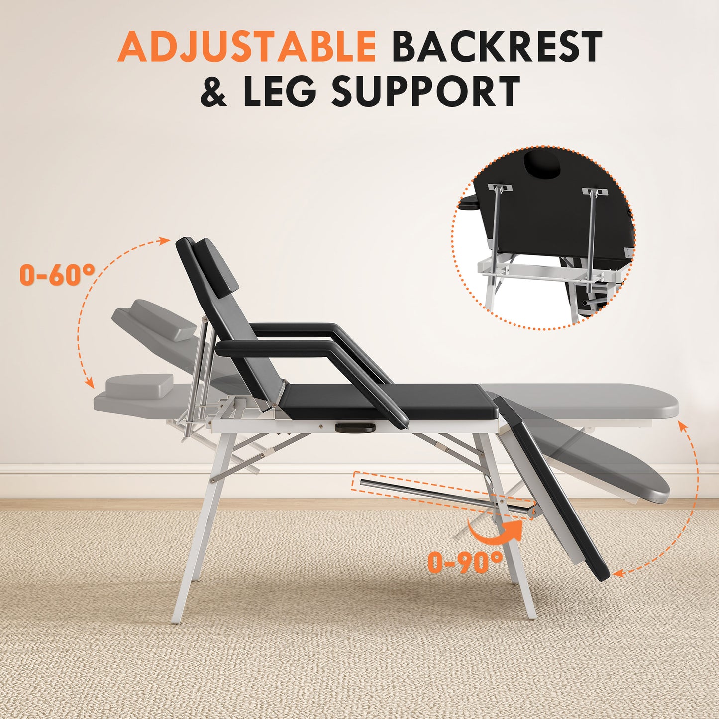 Portable Massage Table, 3 Section Adjustable Beauty Bed, Foldable Massage Bed with Face Hole, Recliner Chair