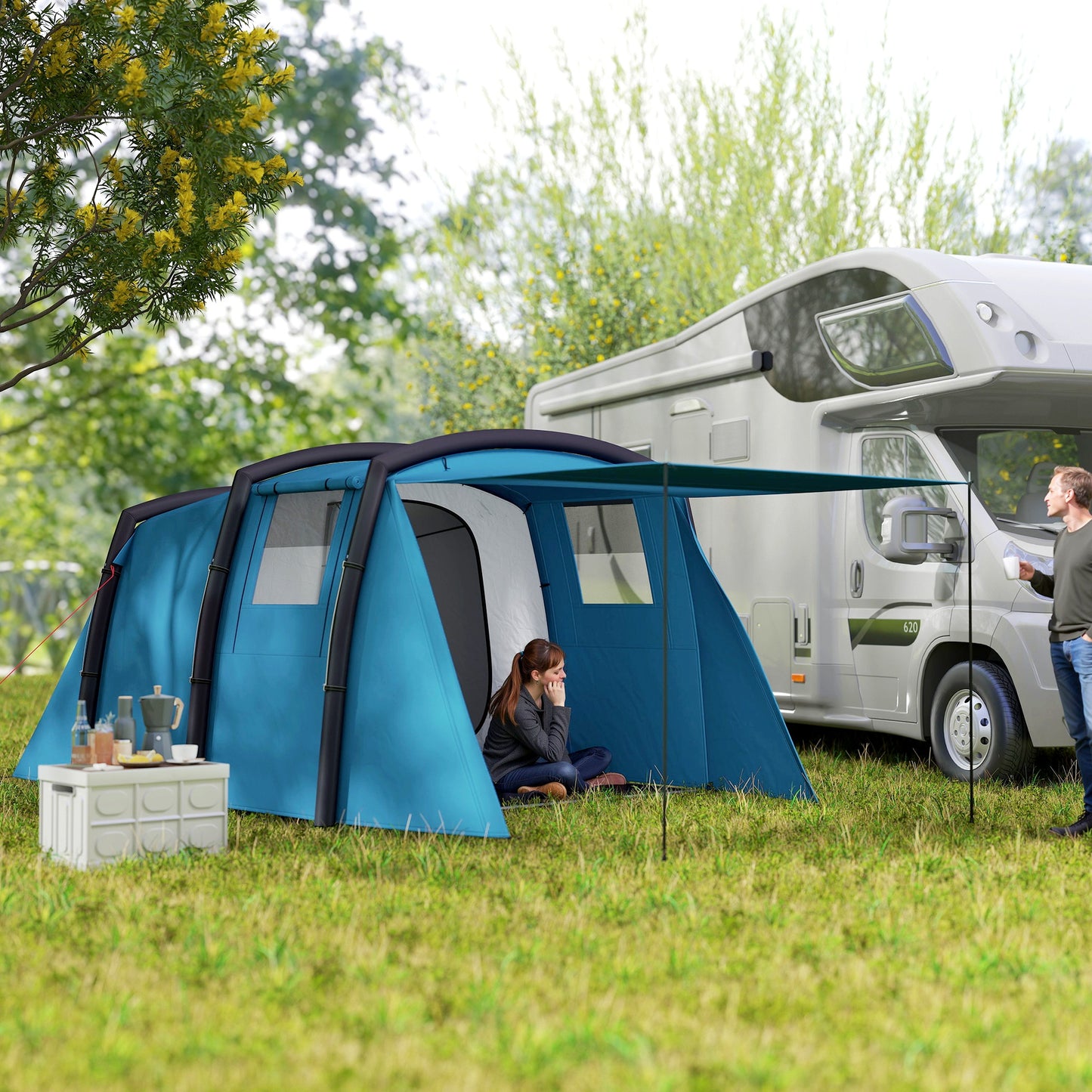 Inflatable 3-4 Man Tunnel Tent w/ Air Pump, Living Area & Vestibule, Waterproof Family Camping Air Tent, Sewn In Groundsheet