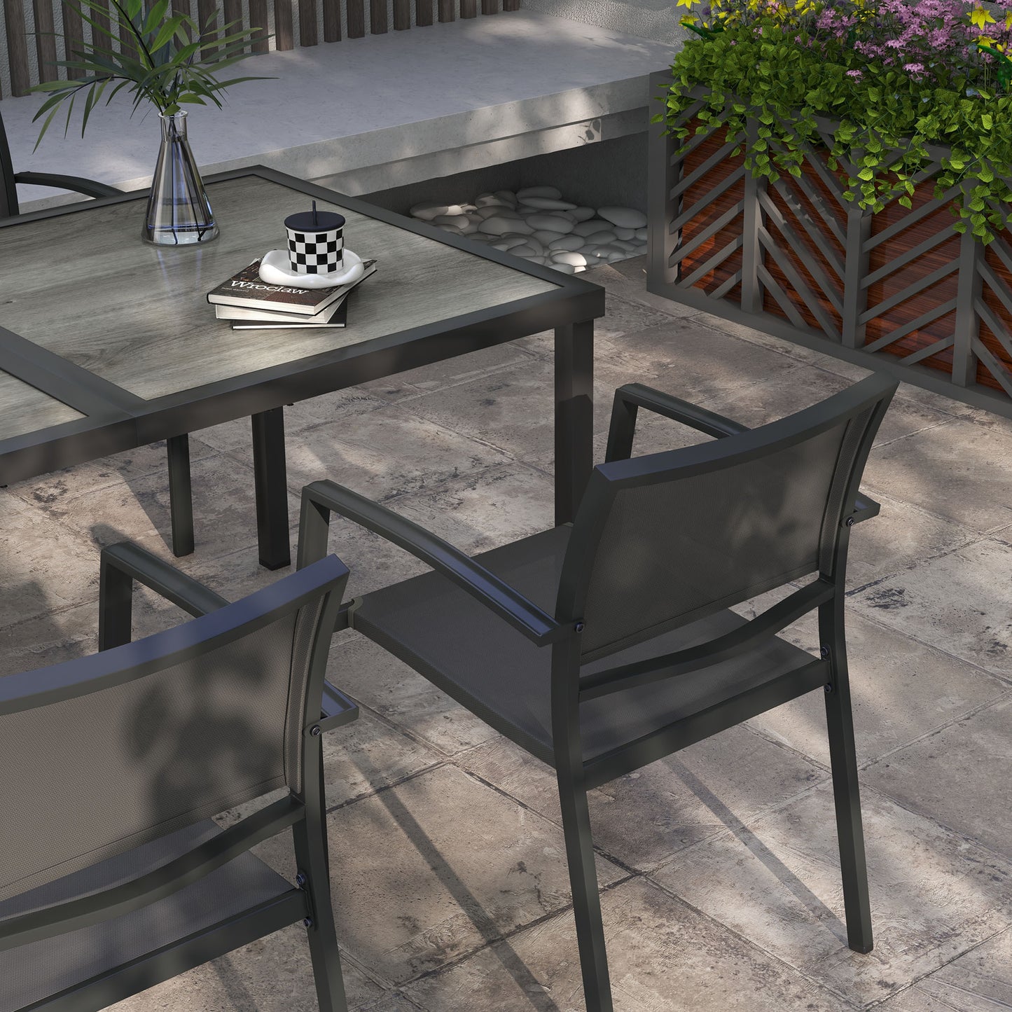 Five-Piece Casual Outdoor Dining Set, with Wood-Effect Table - Grey