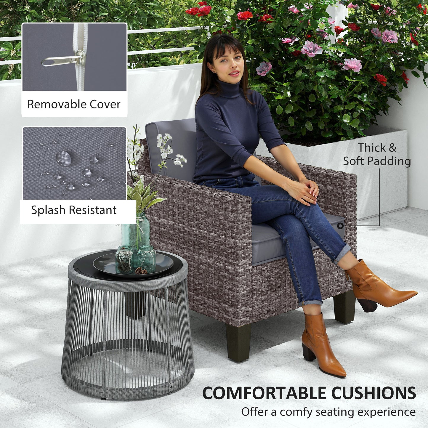 Single Rattan Armchair, with Cushions - Mixed Grey