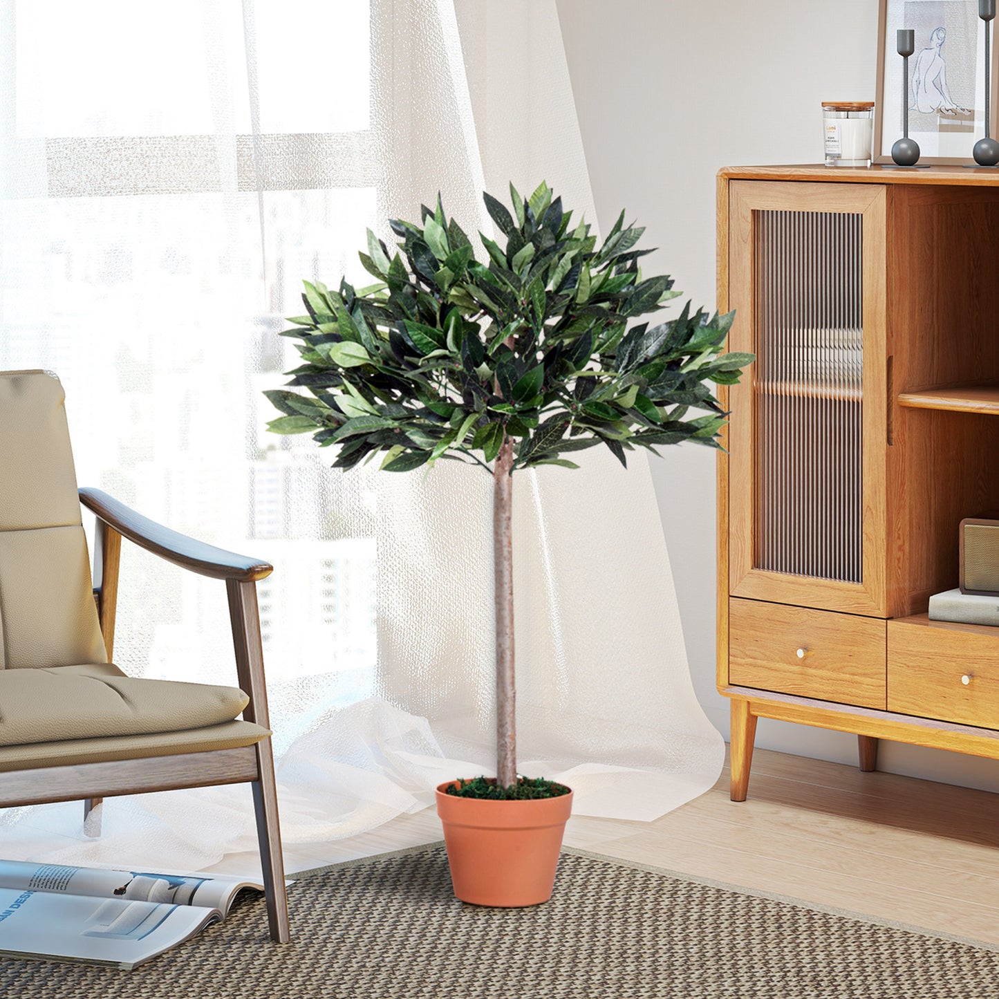 Artificial Bay Tree In Pot, 3ft Tall Indoor Outdoor Garden Topiary Ball with Solid Wood Trunk