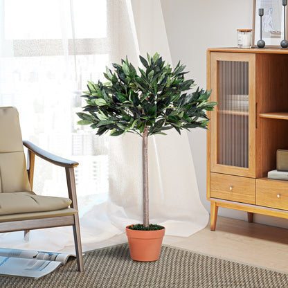 Artificial Bay Tree In Pot, 3ft Tall Indoor Outdoor Garden Topiary Ball with Solid Wood Trunk
