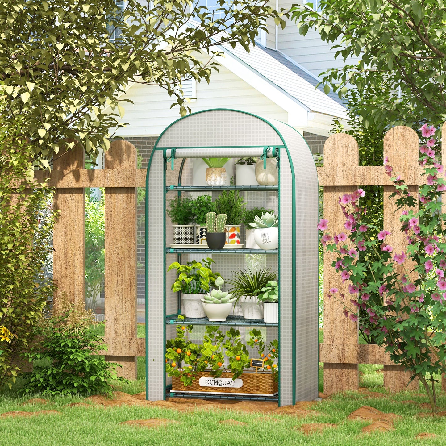 4 Tier Mini Greenhouse for Outdoor, Portable Gardening Plant Green House with Storage Shelf, Roll-Up Zipped Door
