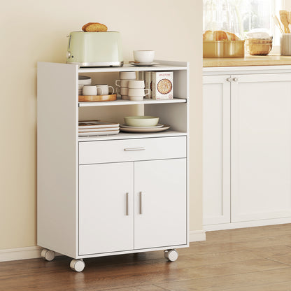Kitchen Trolley with Wheels, Modern Mobile Microwave Stand with Slide-Out Shelf, Drawer and 2 Doors for Dining Room