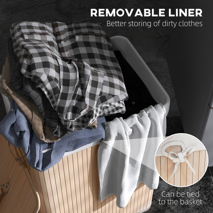 70L Collapsible Bamboo Laundry Hamper Organizer Clothes Washing Basket Bin Storage Box w/ Lid Removable Lining 40x30x60cm