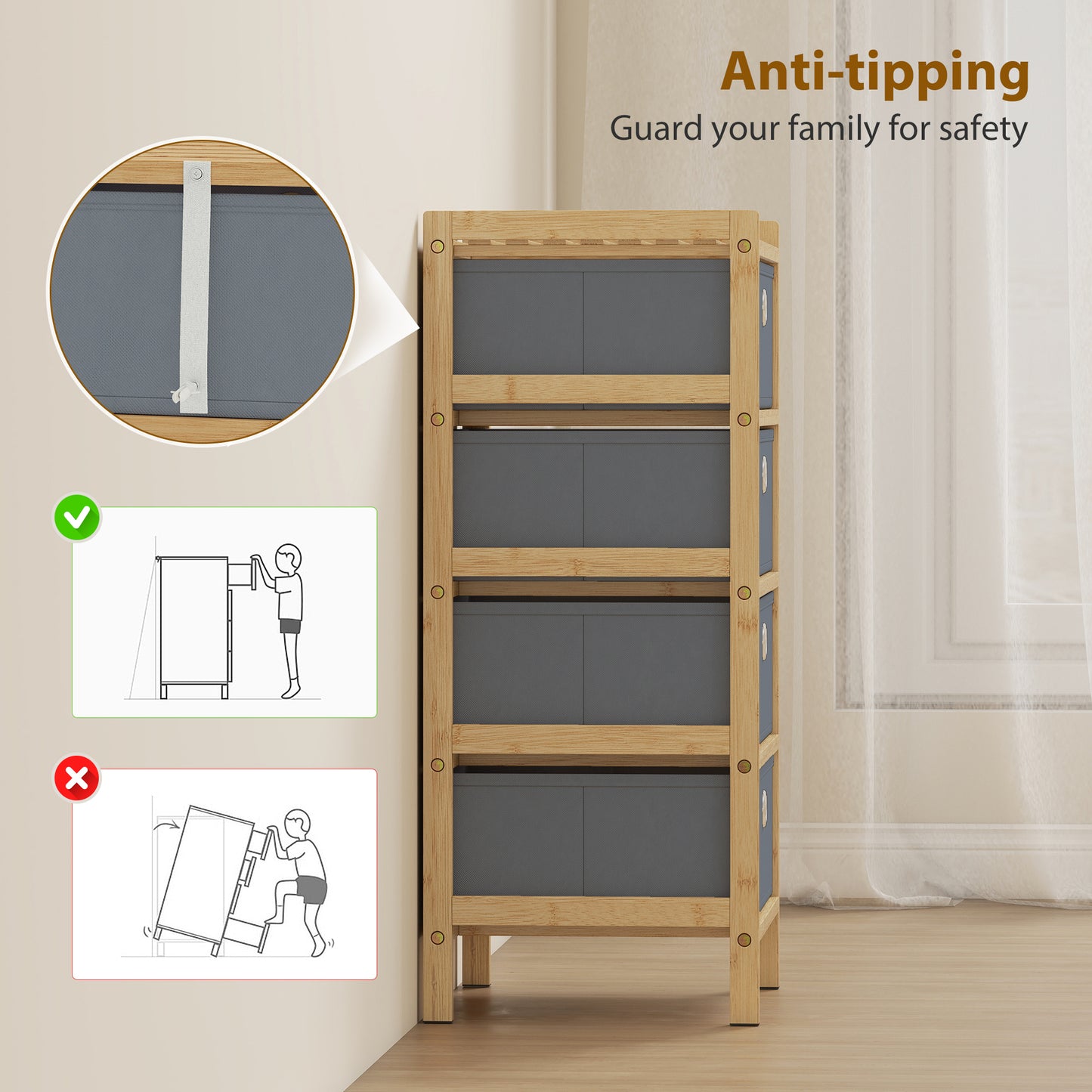 Chest of Drawers, 4 Fabric Drawers Narrow Dresser with Bamboo Frame, Light Grey