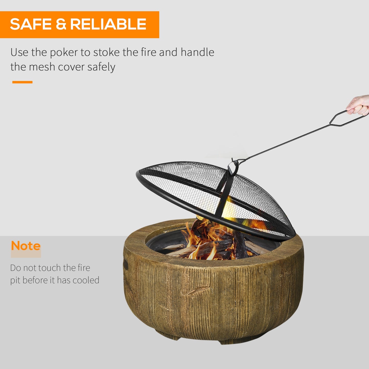 Outdoor Fire Pit, 61.5 cm Metal Wood Burning Fireplace with Spark Cover, Poker, Woodgrain Design