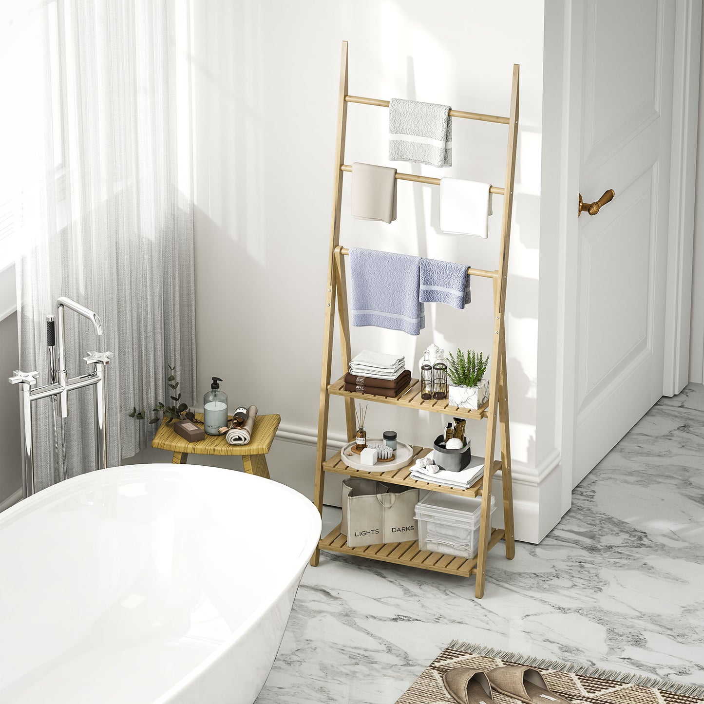 Three-Shelf Bamboo Storage Unit, with Towel Racks - Natural Finish