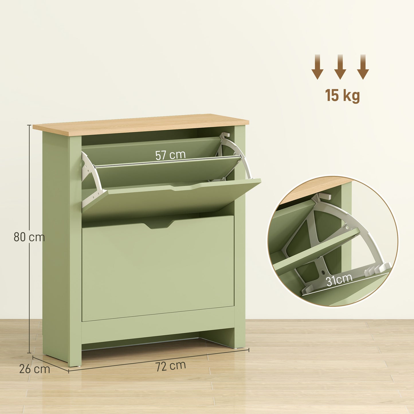 Slim Shoe Cabinet, Narrow Shoe Cupboard with 2 Flip Drawers, Adjustable Shelves for 12 Pairs of Shoes, Green