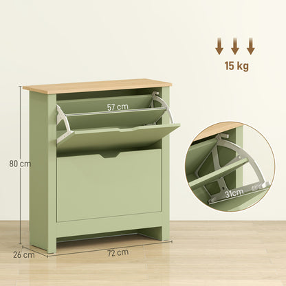 Slim Shoe Cabinet, Narrow Shoe Cupboard with 2 Flip Drawers, Adjustable Shelves for 12 Pairs of Shoes, Green