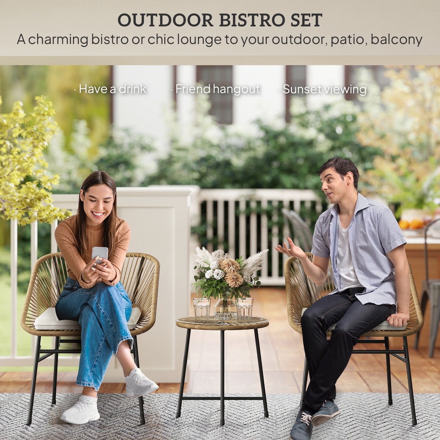 3 Pieces Rattan Bistro Set, Wicker Small Garden Table and Chairs Set with Cushions and Glass Top Coffee Table