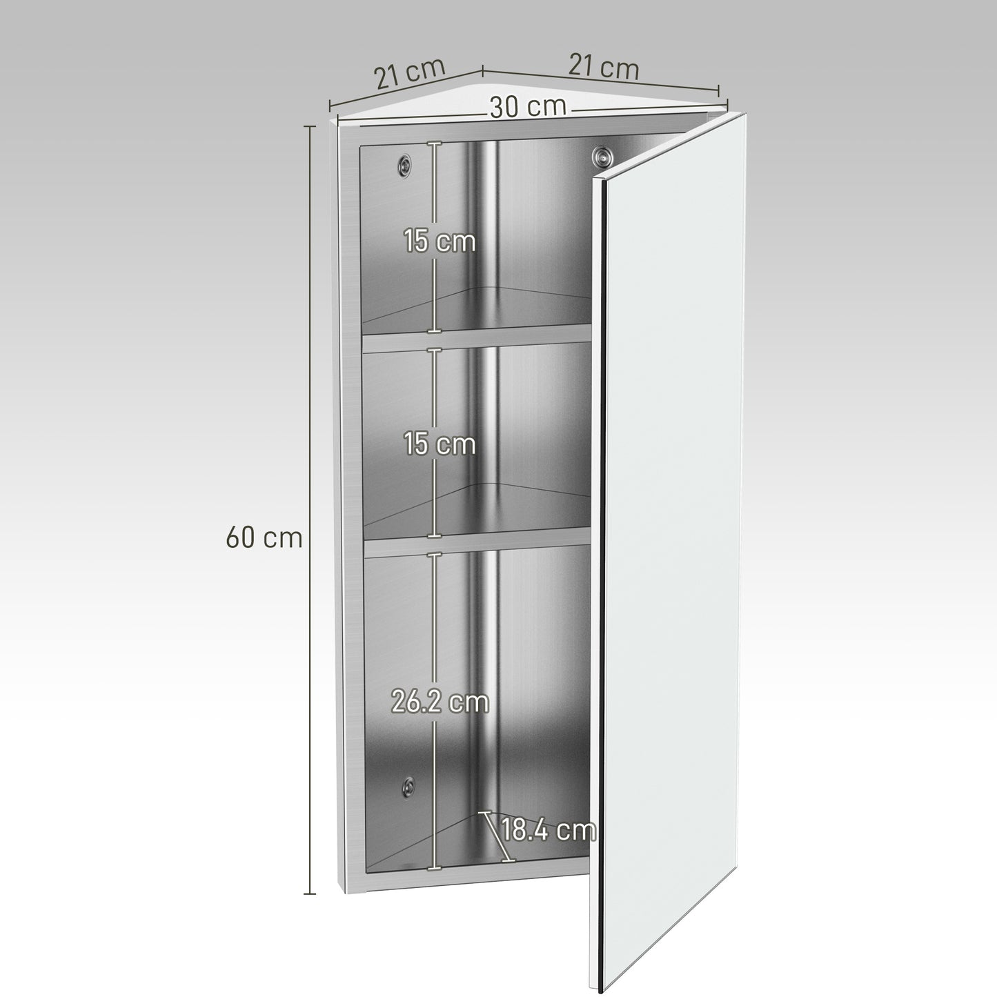 Stainless Steel Wall mounted Bathroom Corner Mirror Storage Cabinet Single Door 300mm (W)