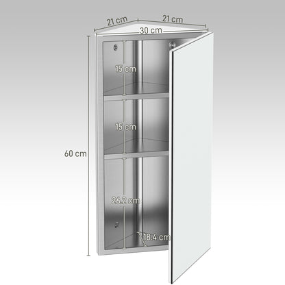 Stainless Steel Wall mounted Bathroom Corner Mirror Storage Cabinet Single Door 300mm (W)