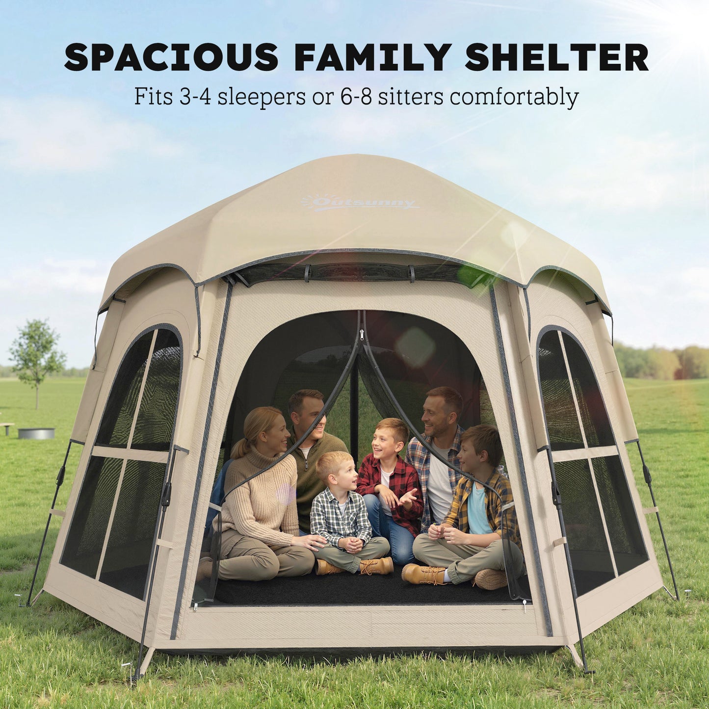 Pop Up Tent 3000mm Waterproof Instant Camping Tent 3-4 Person with 2 Doors 4 Windows Khaki