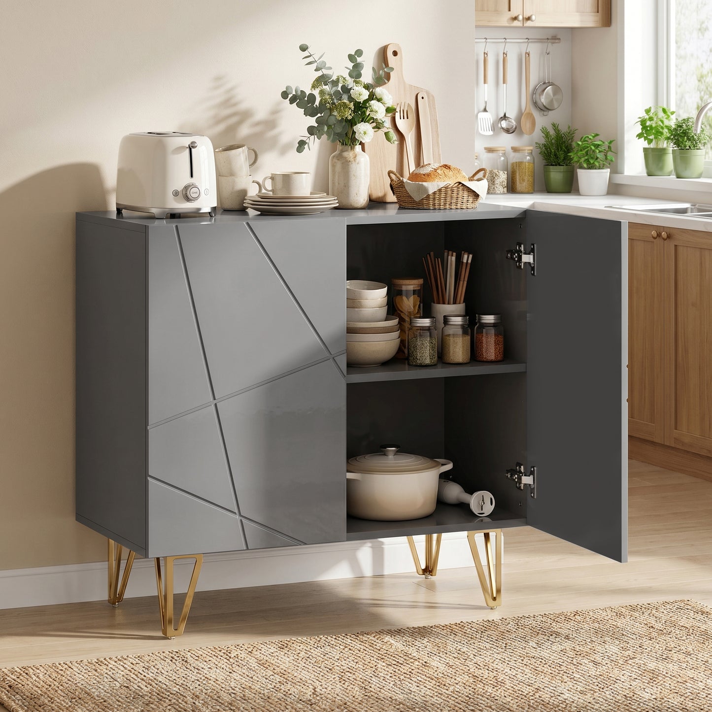 Modern Luxe High Gloss Sideboard, with Hairpin Legs - Grey