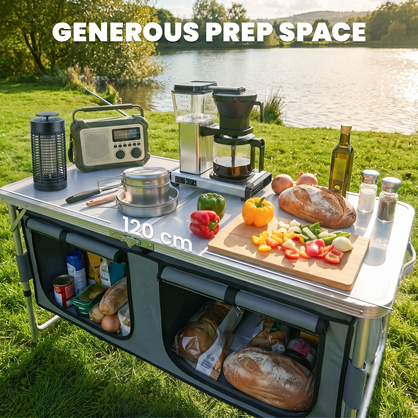4ft Folding Camping Cupboard Kitchen, Height Adjustable Aluminium Camping Table with Storage