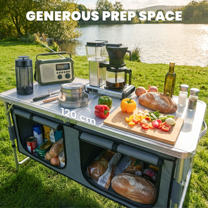 4ft Folding Camping Cupboard Kitchen, Height Adjustable Aluminium Camping Table with Storage