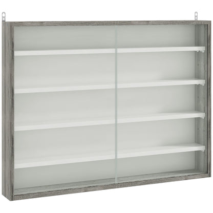 5-Tier Wall Display Shelf Unit Cabinet w/ 4 Adjustable Shelves Glass Doors Home Office Ornaments 60x80cm Grey Wood Grain