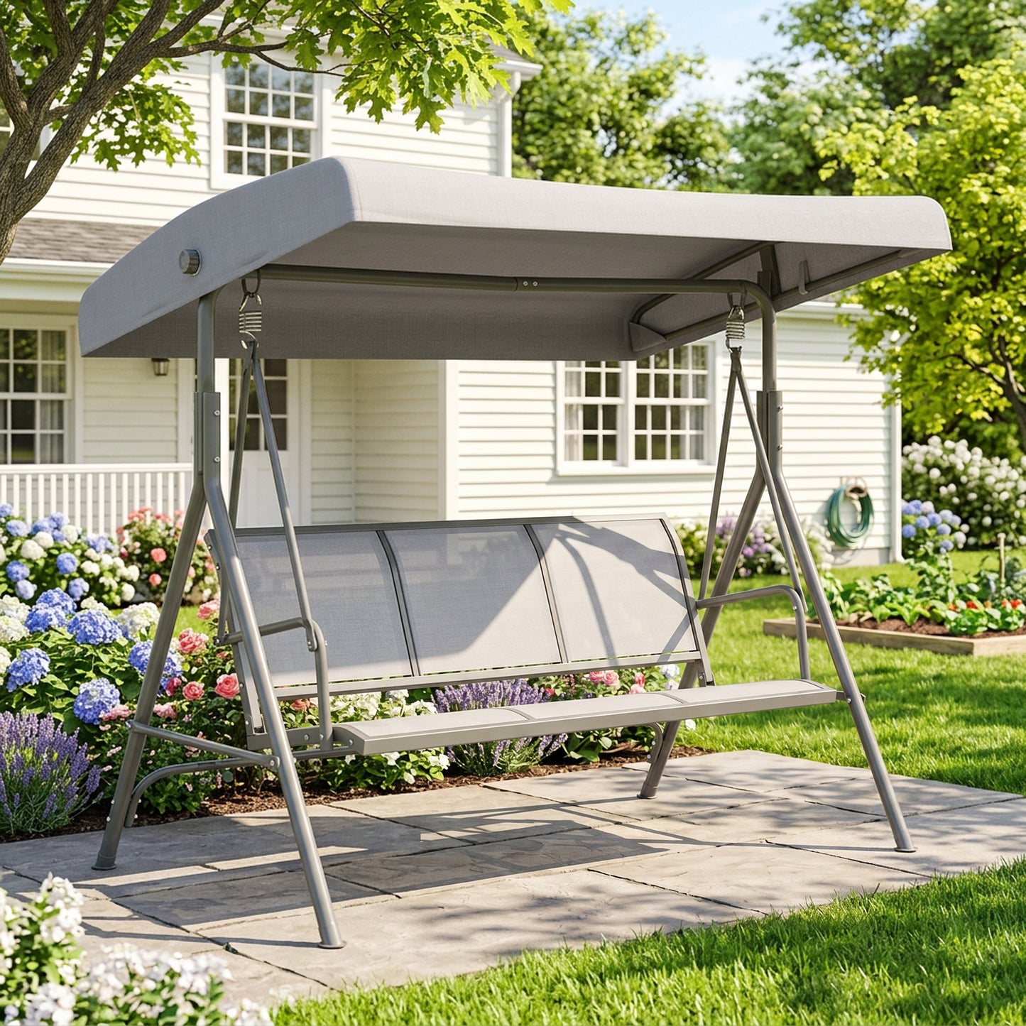 3 Seater Swing Chair, Garden Swing Bench with Adjustable Tilting Canopy
