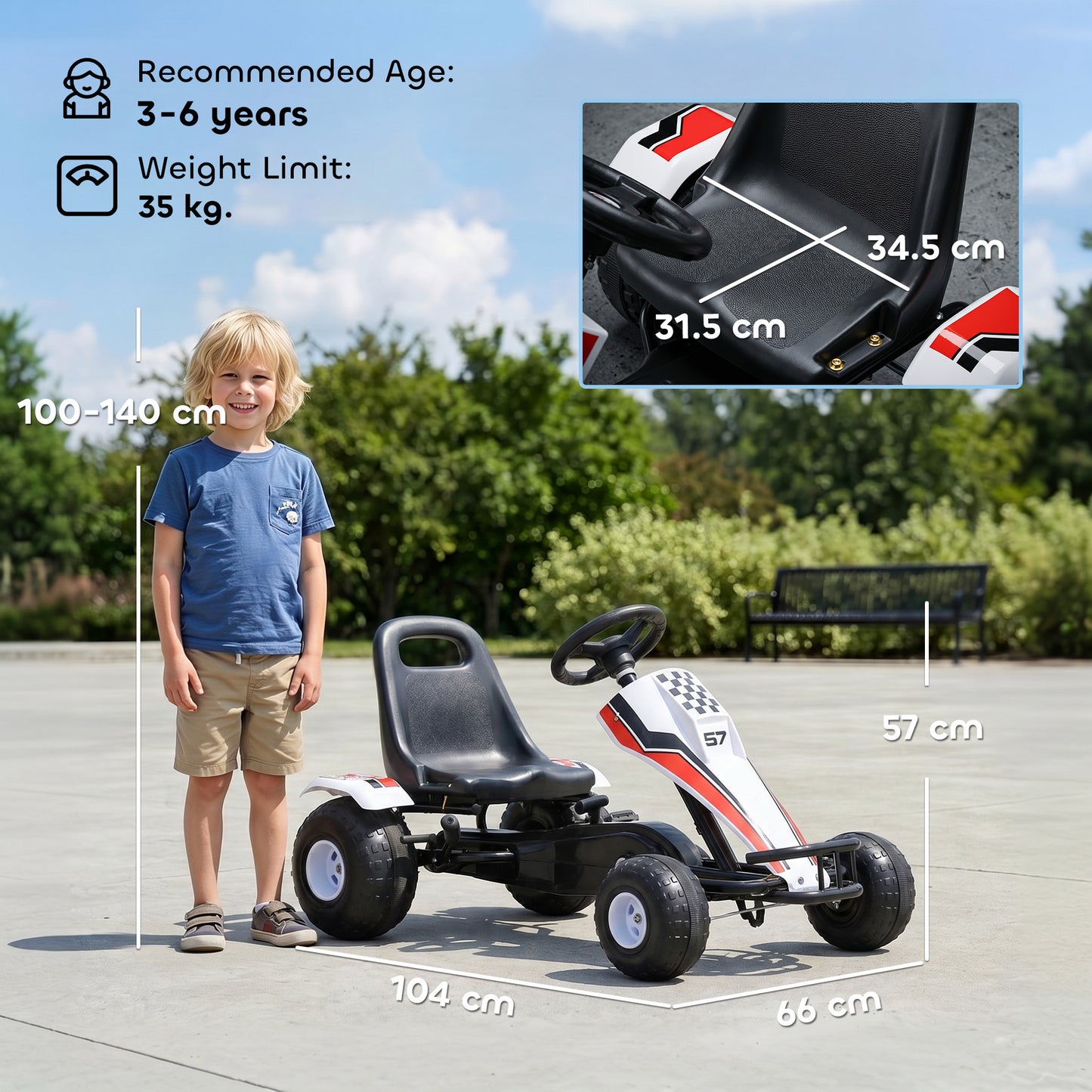 Kids Children Pedal Go Kart Manual Ride On Car w/ Brake Gears Steering Wheel Adjustable Seat 4 Smooth Wheels Racing-Style Whi