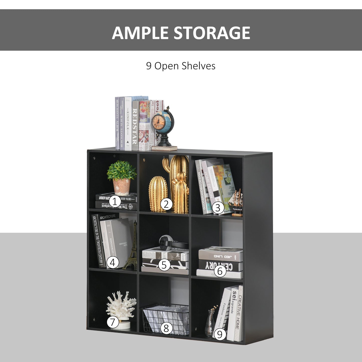 3-tier 9 Cubes Storage Unit Particle Board Cupboard Bookcase Organiser Home Office Shelves, Black