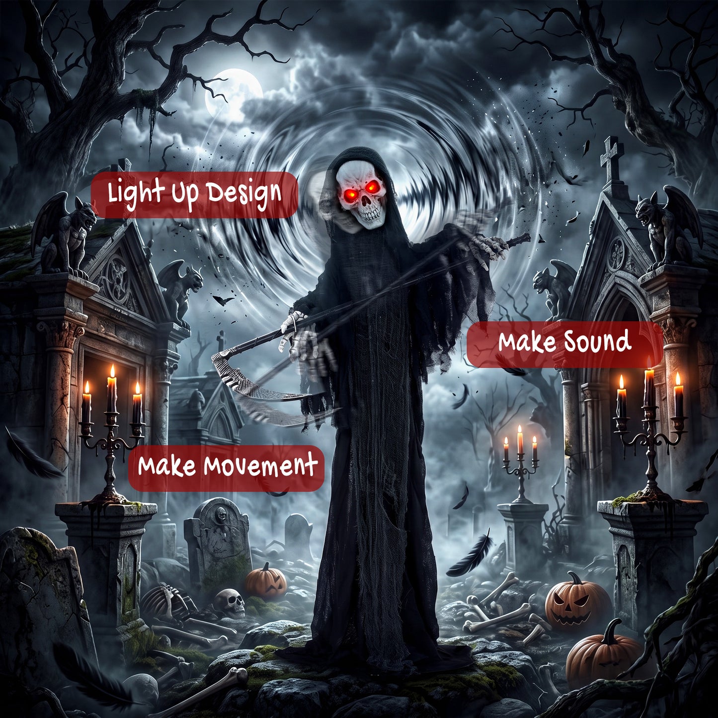 183cm Life Size Animated Grim Reaper Halloween Decoration, Scary Halloween Animatronics Decor with Sound Touch Activated