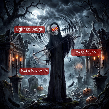 183cm Life Size Animated Grim Reaper Halloween Decoration, Scary Halloween Animatronics Decor with Sound Touch Activated