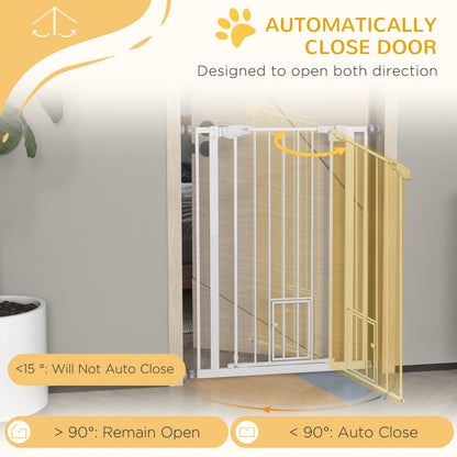 Extra Tall Pet Gate, Indoor Dog Safety Gate, with Cat Flap, Auto Close, 74-80cm Wide - White