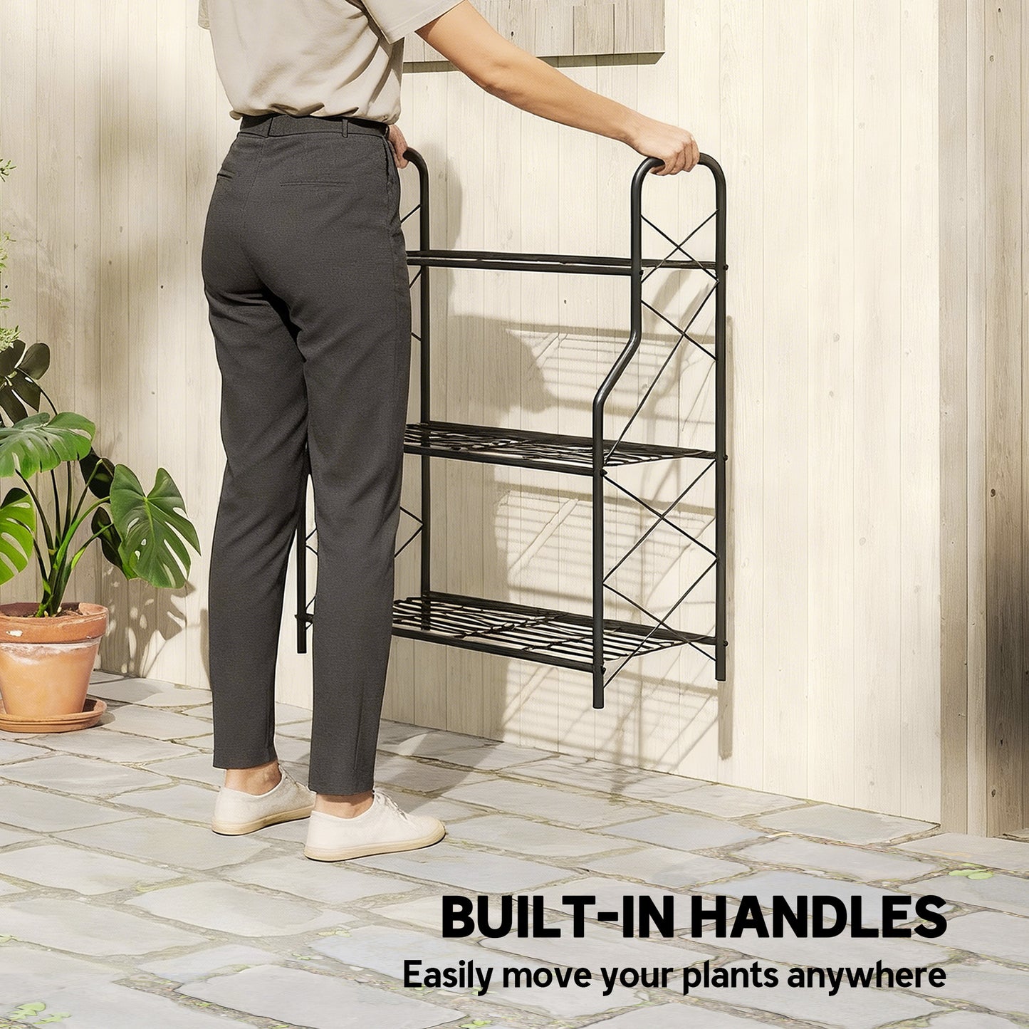3-Tier Metal Plant Stand, Heavy Duty Ladder Shelf Potted Plants Display Rack, Indoor Outdoor Flower Pot Holder