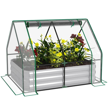 Raised Garden Bed with Greenhouse, Steel Planter Box with Plastic Cover, Roll Up Window, Dual Use for Flowers, Vegetables