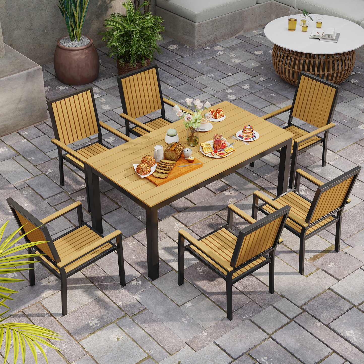 6 Seater Garden Dining Set with Stackable Chairs, Aluminium Frame, Rectangular Plastic Top, Garden Furniture Set, Nature Wood