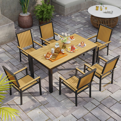 6 Seater Garden Dining Set with Stackable Chairs, Aluminium Frame, Rectangular Plastic Top, Garden Furniture Set, Nature Wood