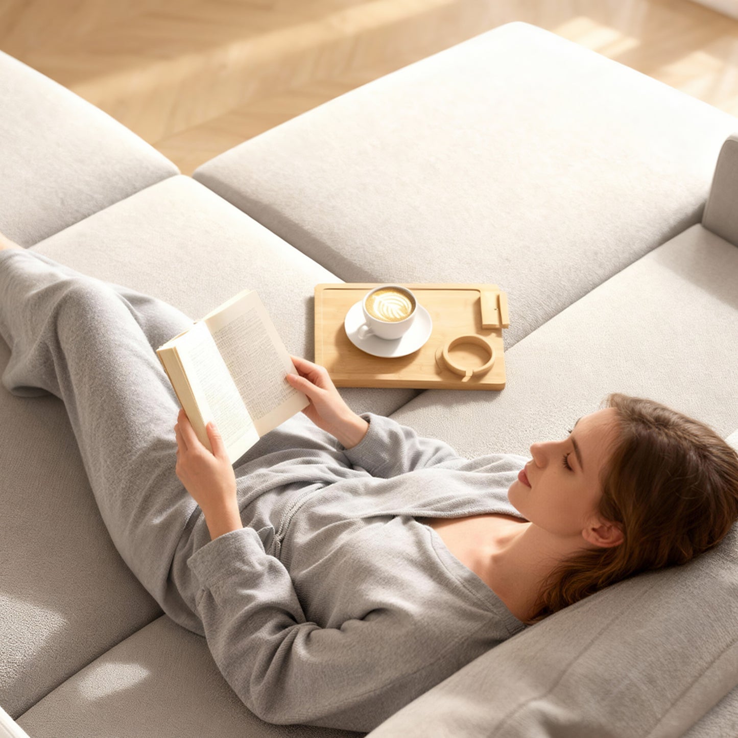 Anti-Slip Sofa Armrest Tray, Bamboo Sofa Arm Tray with 360° Phone Holder and Removable Cup Holder, Natural