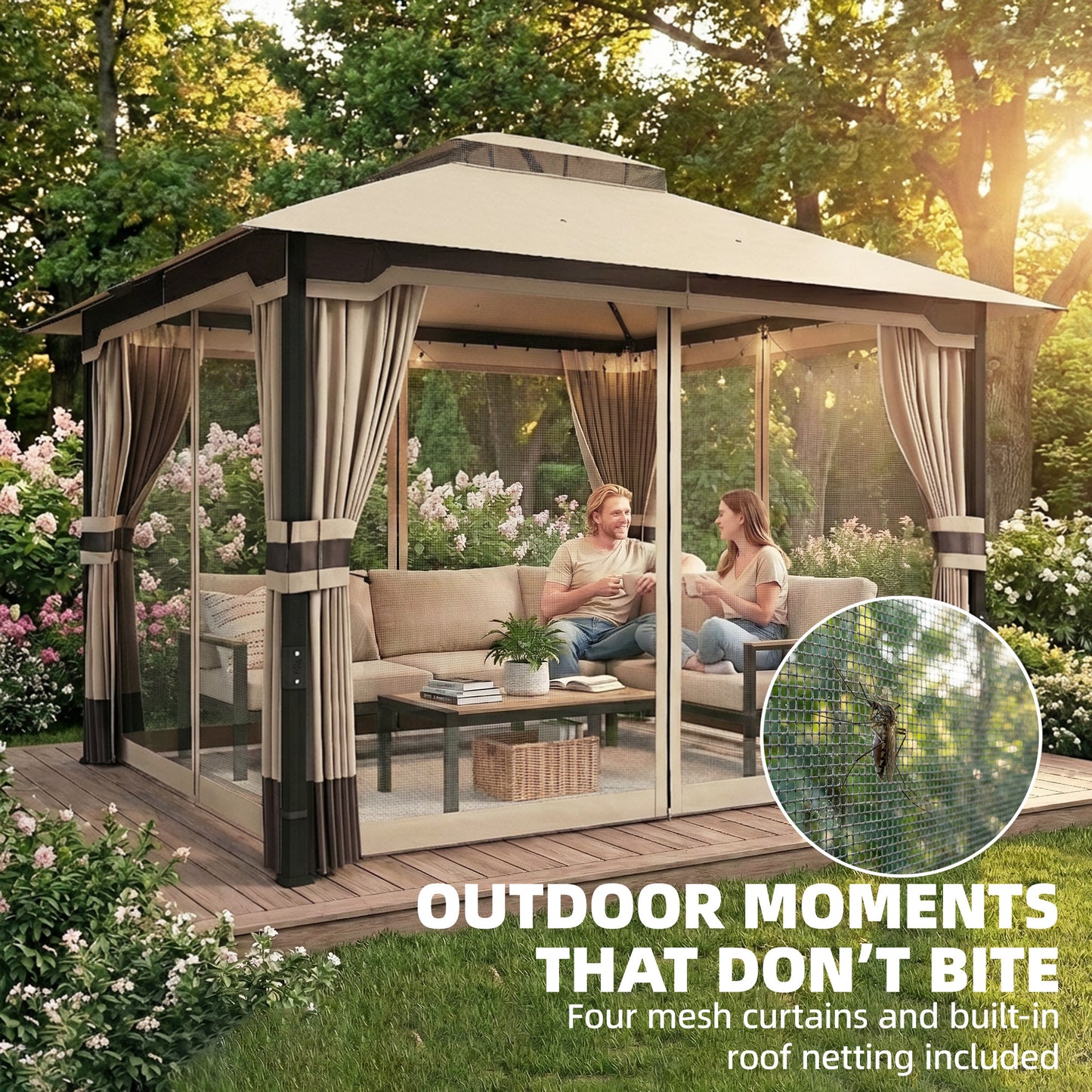 3 x 3.6 m Outdoor Garden Gazebo with Netting and Curtains, Double Roof Patio Gazebo Permanent Pavilion, Khaki