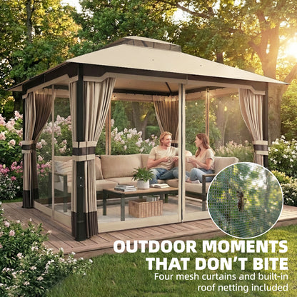 3 x 3.6 m Outdoor Garden Gazebo with Netting and Curtains, Double Roof Patio Gazebo Permanent Pavilion, Khaki