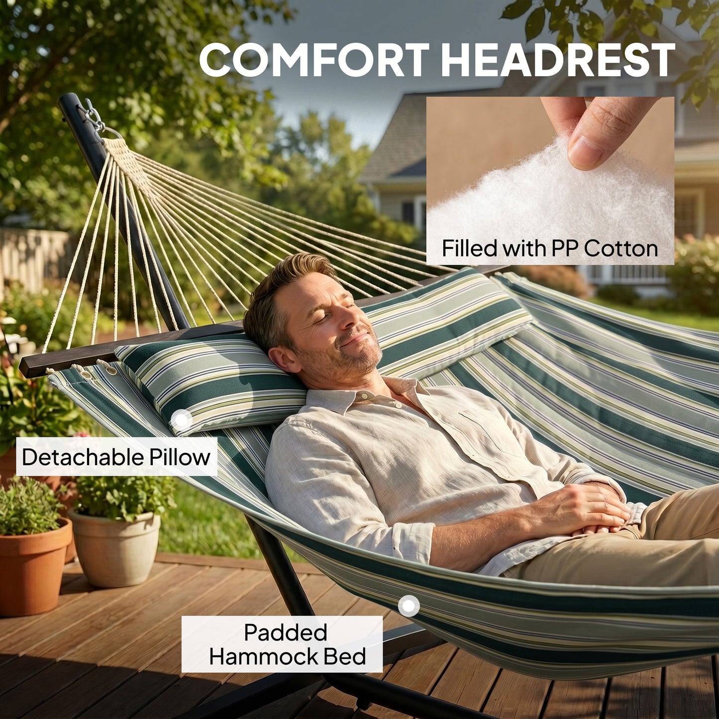 Outdoor Hammock with Stand Detachable Pillow Striped Swing Steel Frame, for Garden, Patio, Green
