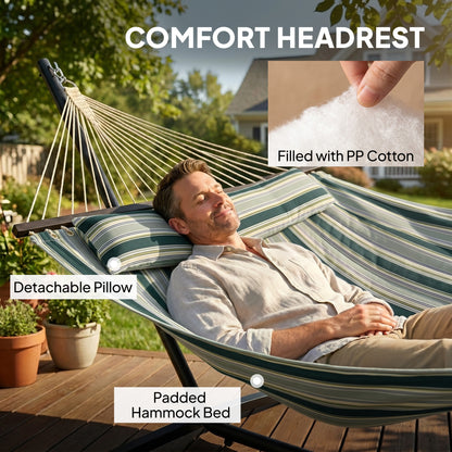 Outdoor Hammock with Stand Detachable Pillow Striped Swing Steel Frame, for Garden, Patio, Green