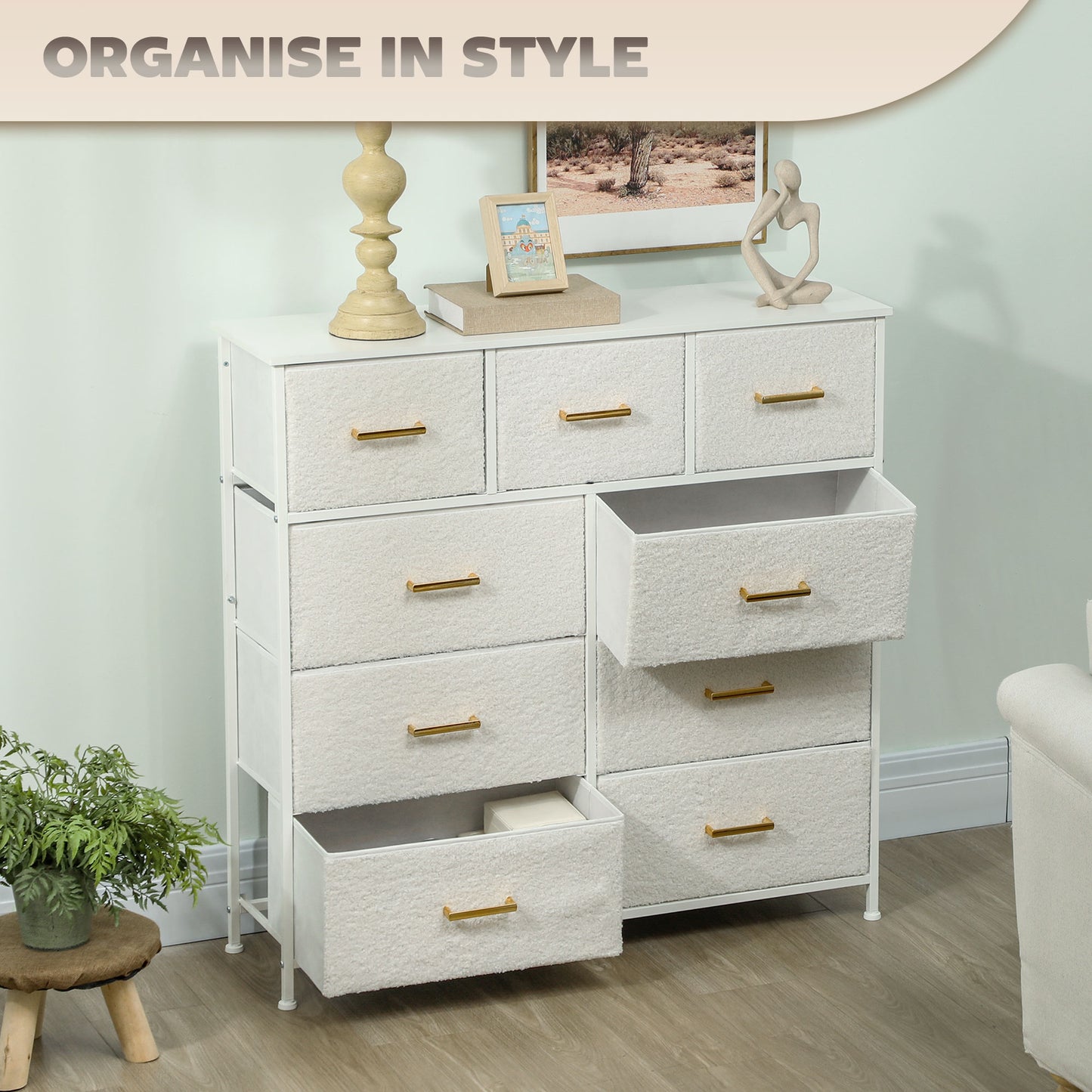 Chest of Drawers with 9 Fabric Drawers, Boucle Storage Organiser with Steel Frame, Fabric Dresser for Bedroom, Living Room