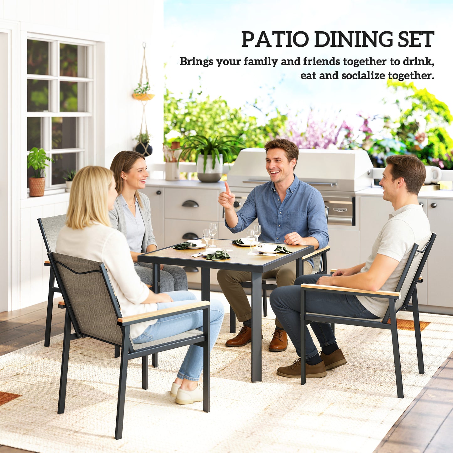 Five-Piece Metal Dining Set, with Glass-Top Table - Khaki