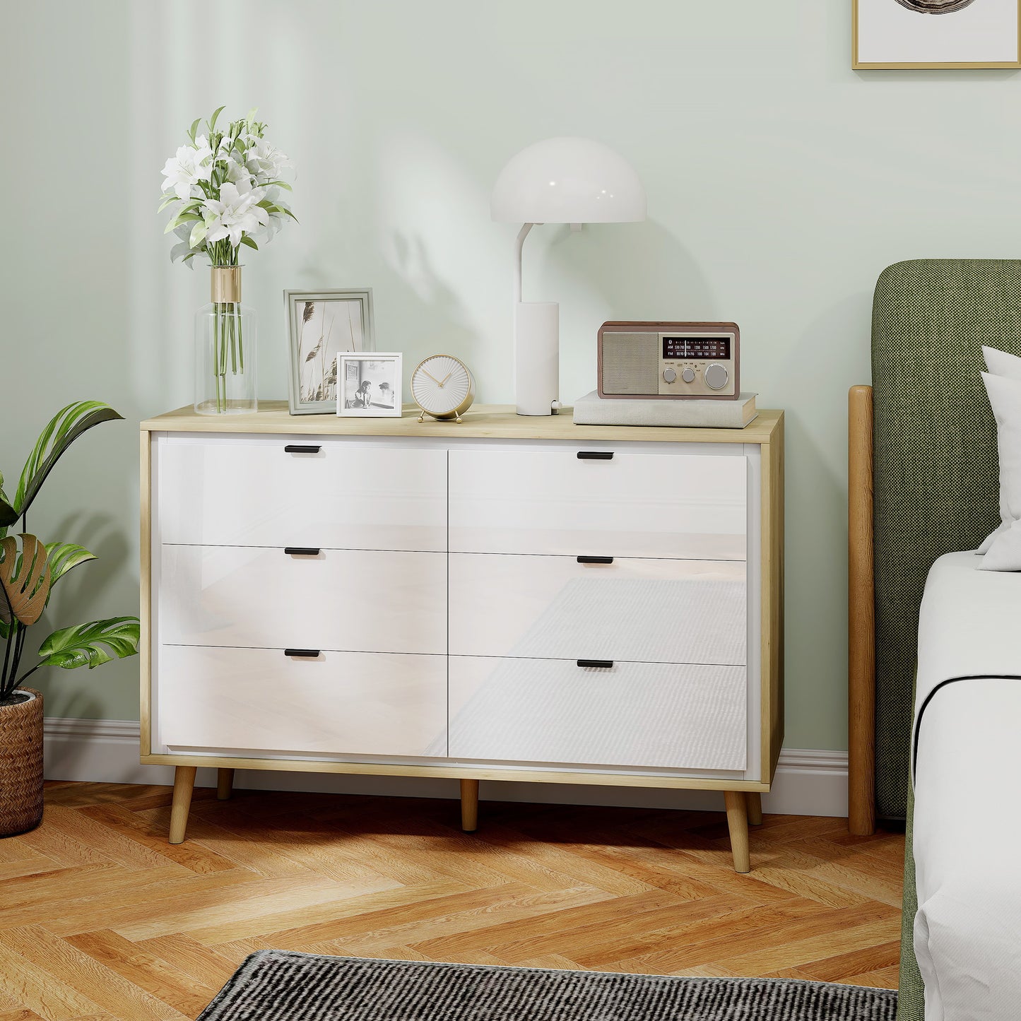 Storage Cabinet, Chest of Drawers with 6 Drawers and 5 Legs for Bedroom, High Gloss White