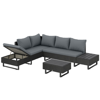 5 Seater Rattan Garden Furniture Set, L Shaped Garden Corner Sofa, Adjustable Back, Faux Wood Table, Dark Grey