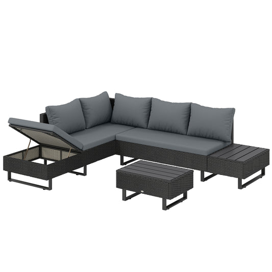 5 Seater Rattan Garden Furniture Set, L Shaped Garden Corner Sofa, Adjustable Back, Faux Wood Table, Dark Grey