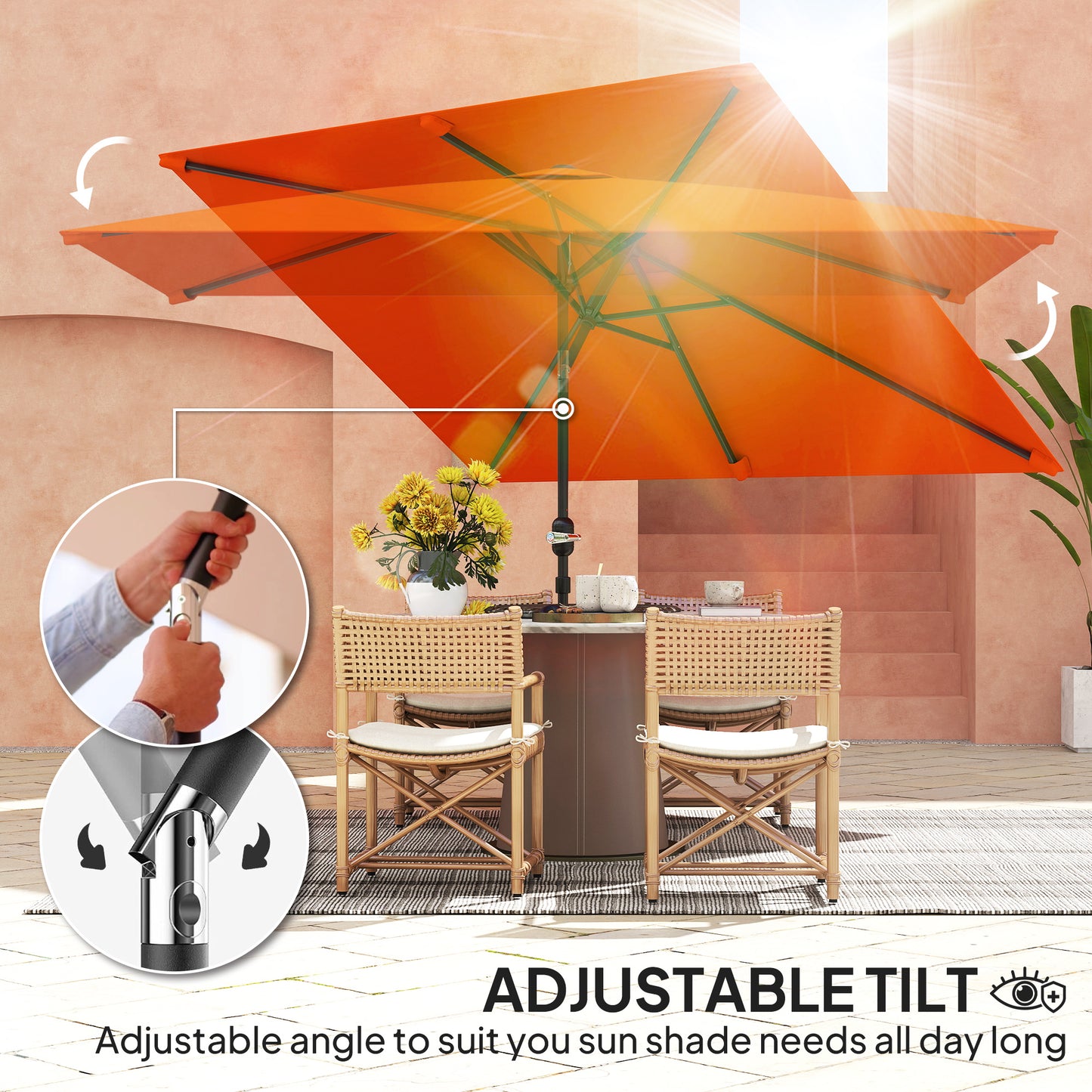 3x2m Garden Parasol Umbrella with Aluminium Pole, Tilt and Crank, Rectangular Outdoor Table Parasol Sun Shade for Patio