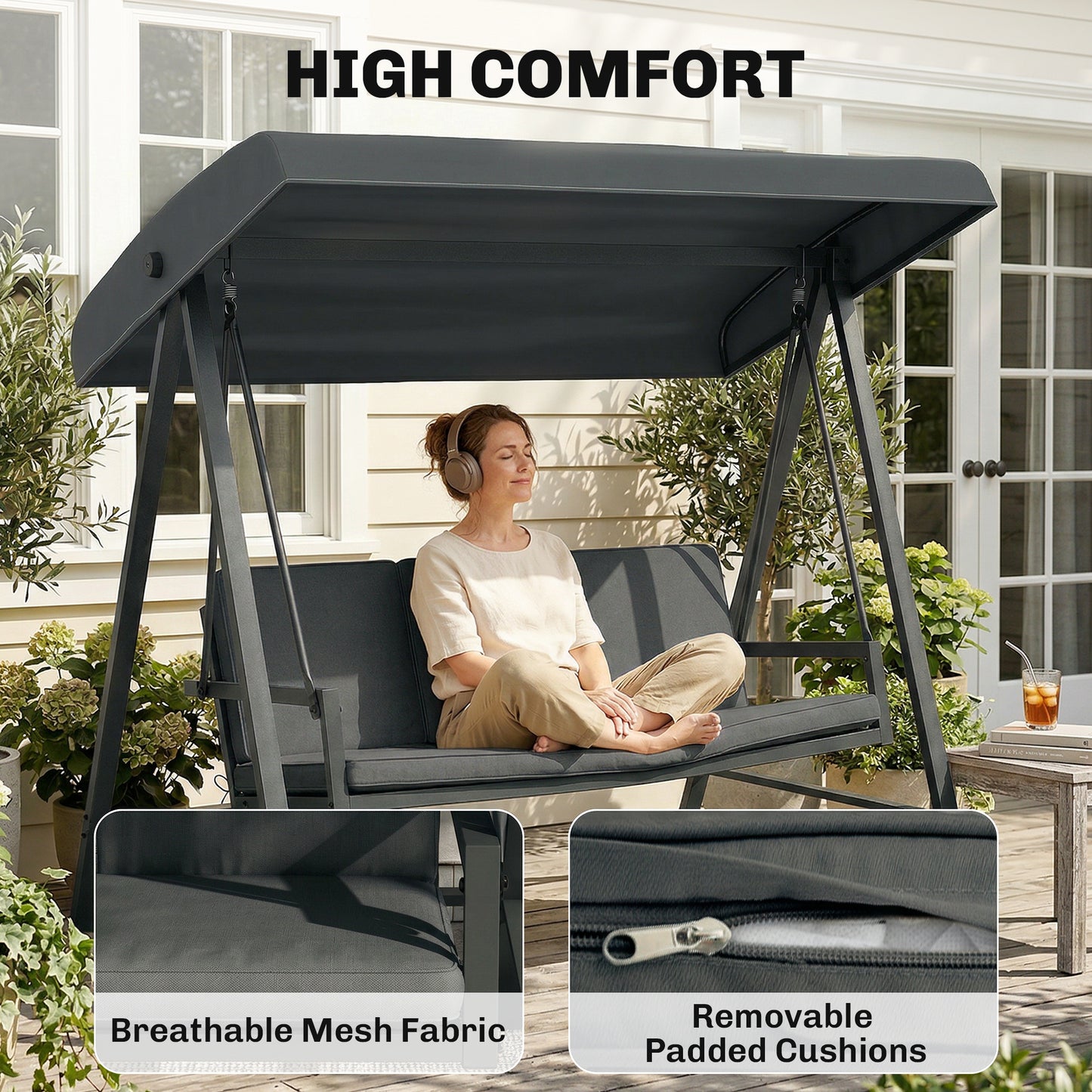 Three-Seat Garden Swing Chair, with Adjustable Canopy - Dark Grey