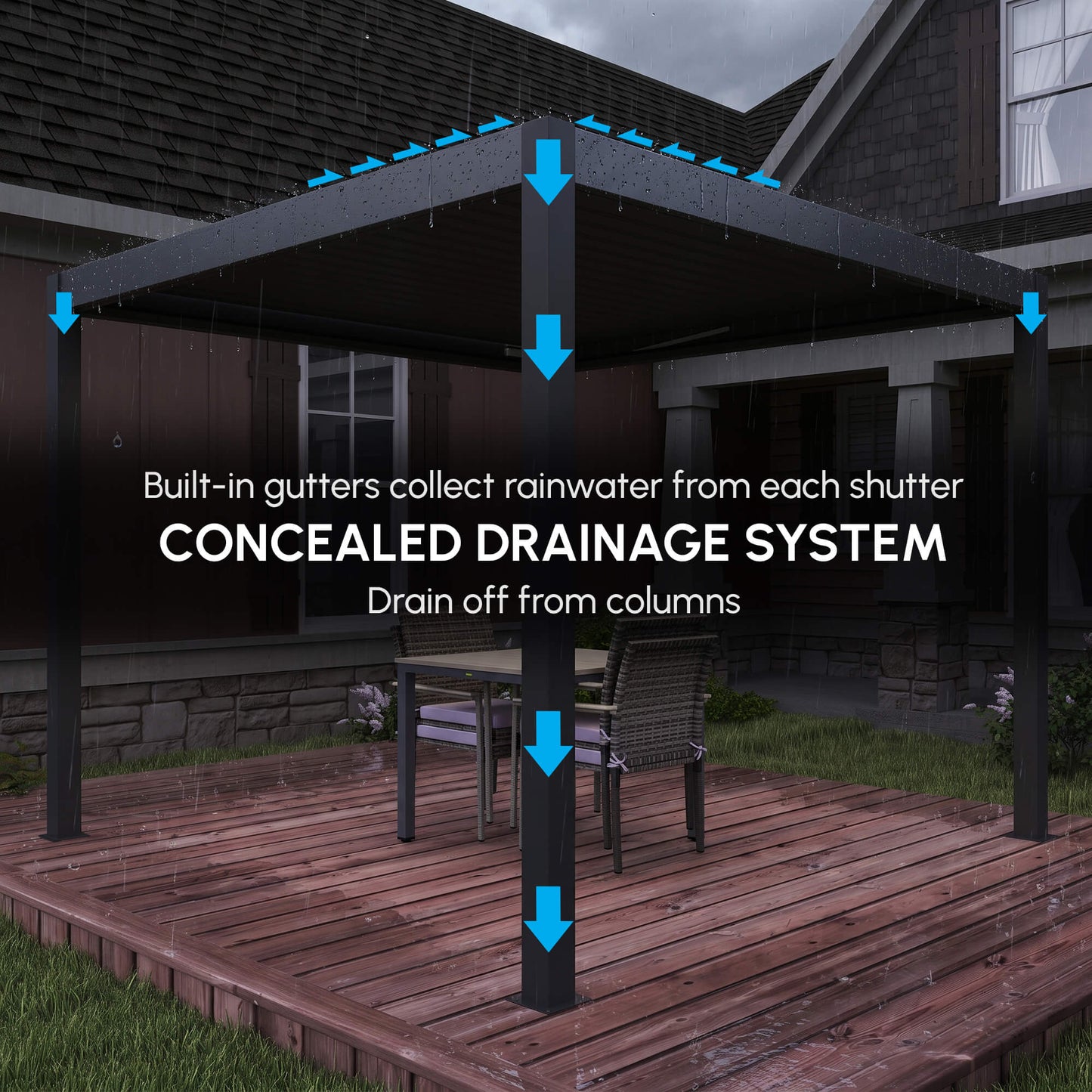 3 x 3(m) Electric Louvered Pergola with LED Lights, Aluminium Pergola Hardtop Gazebo with Remote
