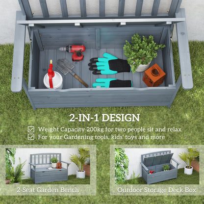 Outdoor 2 Seater Garden Bench, Wooden Bench with Storage, Backrest, Arm Rests, 112 x 84 x 58 cm, Grey